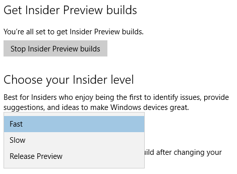 Anel rápido lento do Windows Insider