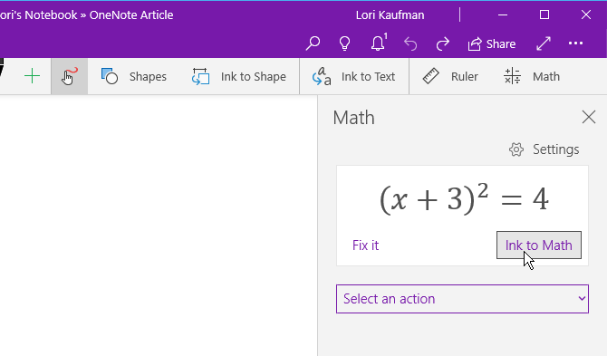 Clique em Tinta para matemática na guia Desenhar