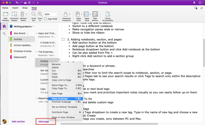 adicione páginas e crie subpáginas no OneNote