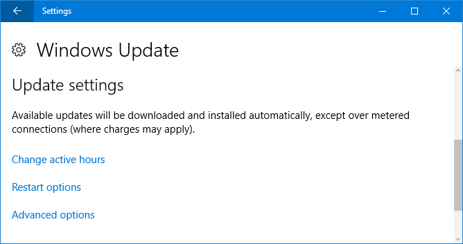 configurações de atualização do windows 10