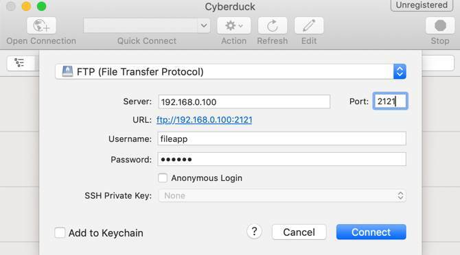 Conectando-se ao FileApp no ​​CyberDuck