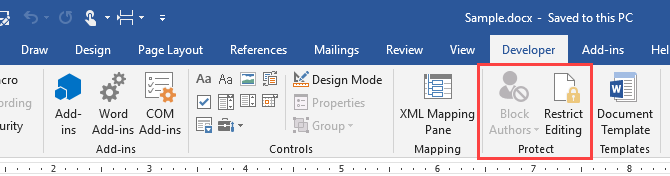 Seção Proteger na guia Desenvolvedor no Microsoft Word