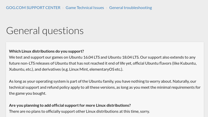 GOG.com exibindo versões suportadas do Linux