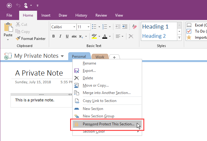 Selecione Proteger com senha esta seção no OneNote 2016