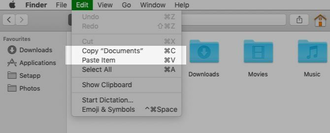 Copie e cole opções de menu no Finder no Mac