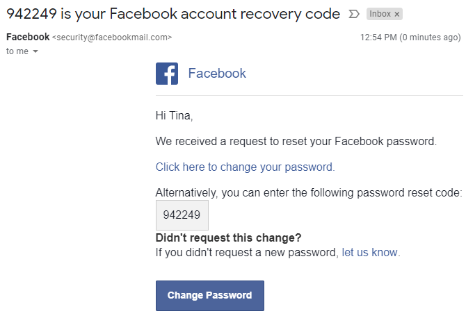 Email do código de recuperação de conta do Facebook