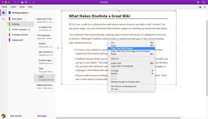 reconhecimento óptico de caracteres no OneNote Mac