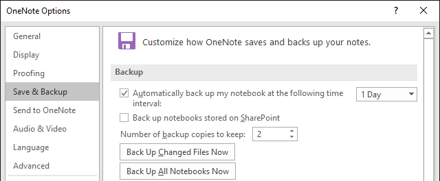 Opções de backup do OneNote