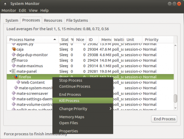 Mate um processo Linux na ferramenta de monitoração do sistema