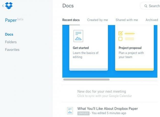 Interface do Dropbox Paper Docs