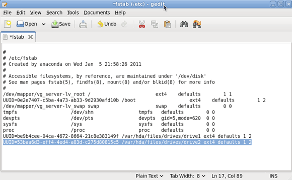 Configurando um servidor doméstico Amahi - Adicionando uma unidade ao seu servidor [Linux] 9 copy to fstab