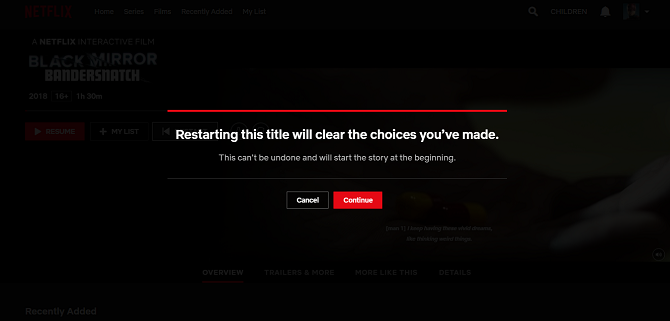 Netflix Black Mirror: Bandersnatch reiniciar caixa de diálogo