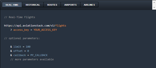 Código de amostra para uma solicitação da API aviationstack