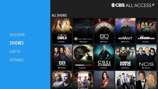 cbs todos os shows de aplicativos de acesso