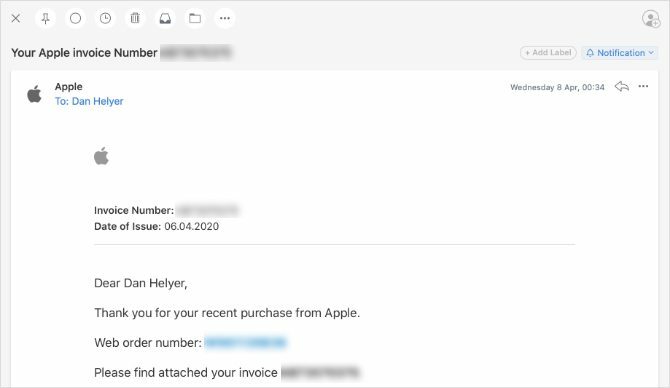 E-mail da fatura da Apple