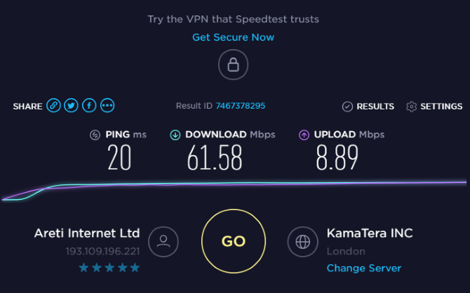 Use speedtest.net para testar a velocidade da sua VPN