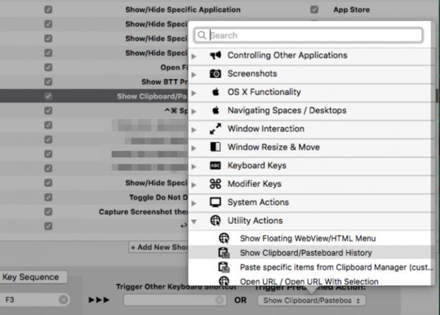 Lista de ações predefinidas no BetterTouchTool no macOS