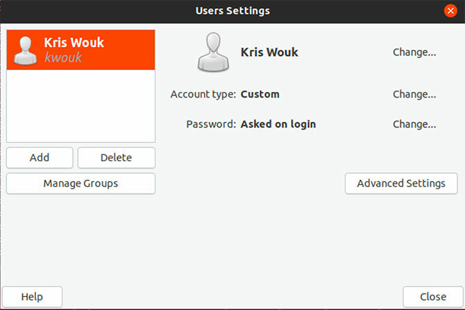 O aplicativo Usuários e Grupos no Ubuntu