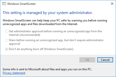 Configurações do Windows 10 SmartScreen