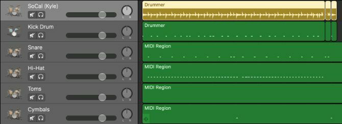 A região do baterista se transformou em baterias MIDI separadas