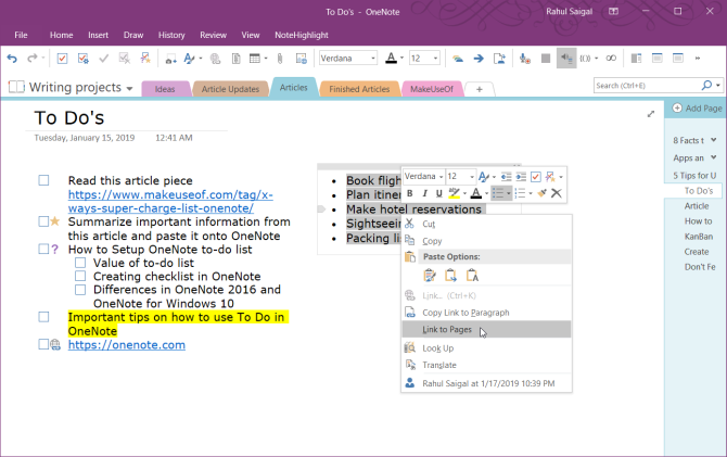 link para páginas no OneNote 2016