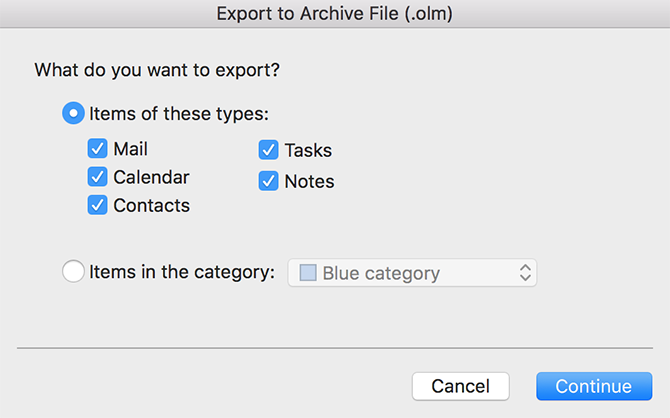 selecione itens para exportar no Outlook