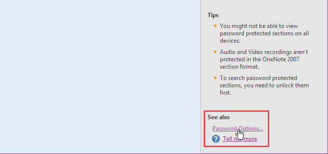 Clique em Opções de senha no OneNote 2016