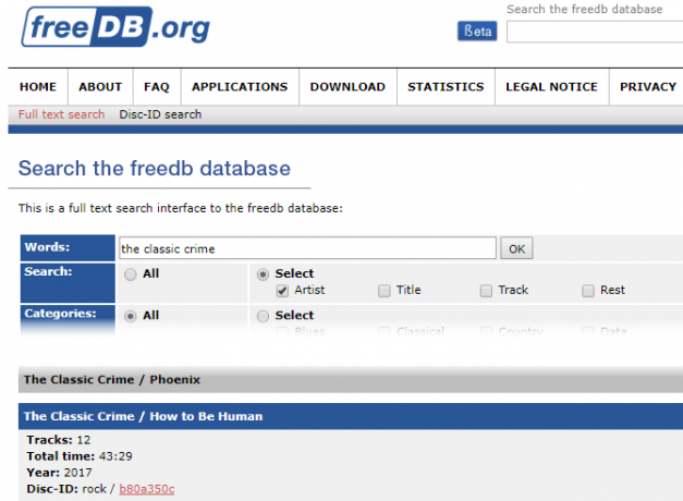 Pesquisa de identificação de disco do MP3Tag freedb