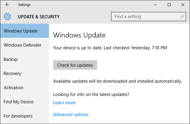 Configurações do Windows 10 Windows Update