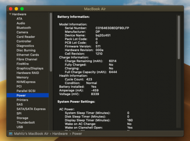 Informações de energia do MacBook