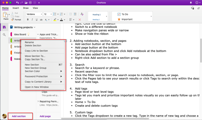 adicionar seção ao OneNote Mac