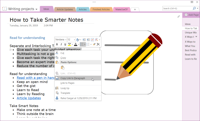 copiar link para parágrafo no OneNote