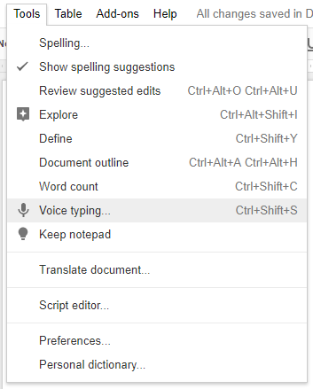 Digitação por voz do Google Doc: uma arma secreta para a produtividade menu de digitação por voz do google docs