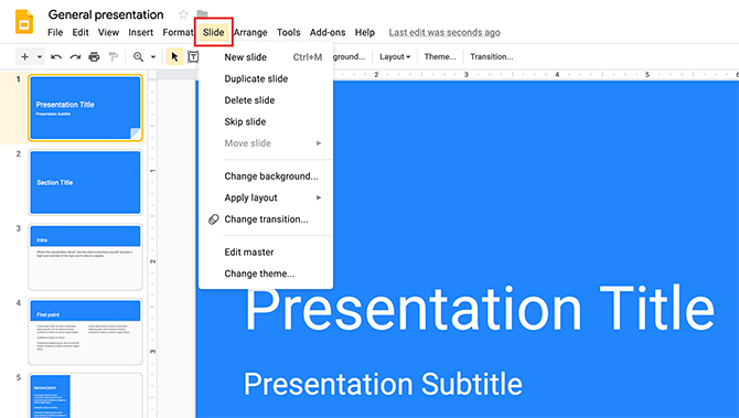 Como criar uma apresentação Slides do Google Slides Menu